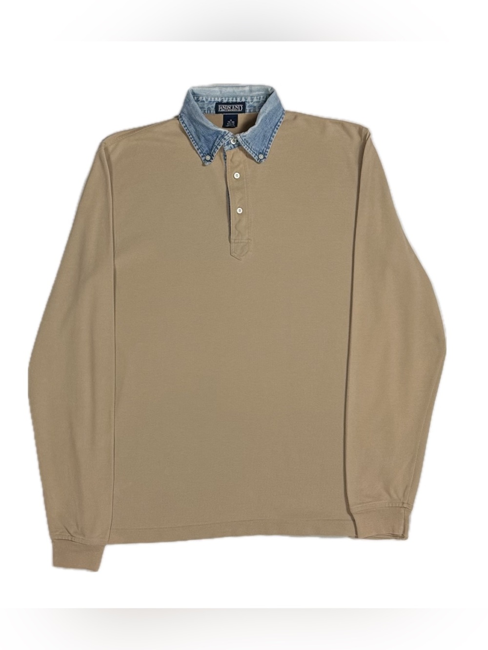 Vintage Lands End Tan Denim Trim Collar Long‎ Sleeve Polo Shirt Men Medium 38-40